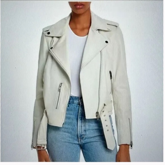AQUA KELSEY LEATHER BELTED MOTO JACKET ASYMMETRICAL ZIP Bone Sz M - Picture 1 of 7